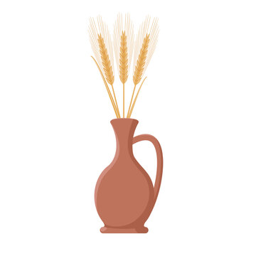 Clay pot with three dried wheat stalks isolated on white, vector illustration