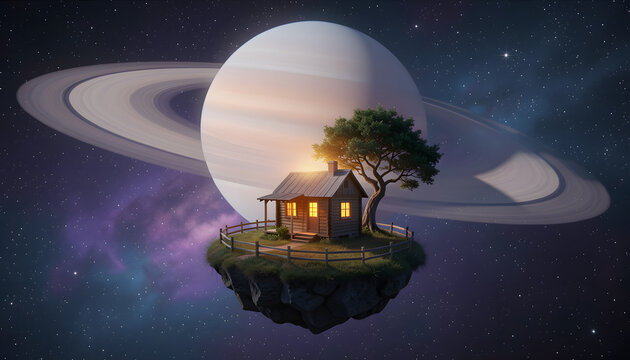 Small wooden cabin with tree on tiny planet beside giant ringed planet in space