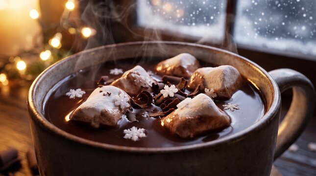 Hot chocolate topped with marshmallows, chocolate curls, and snowflake sprinkles in a rustic ceramic mug beside a Christmas lights and snowy window, concept of winter drinks and holiday season