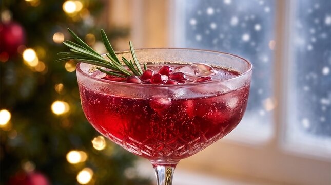 Red cranberry cocktail with rosemary garnish in a cut glass coupe, condensation and floating cranberries beside a decorated Christmas tree and snowy window, concept of winter drinks and holiday season