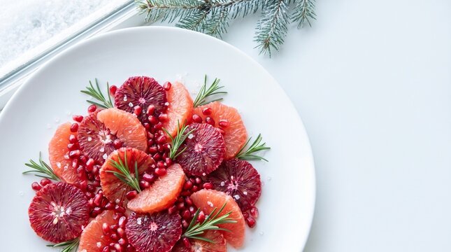 Overhead close-up of a vibrant winter citrus salad arranged on a large clean white ceramic platter, ruby blood orange rounds, pink grapefruit segments, pomegranate arils and fresh rosemary leaves
