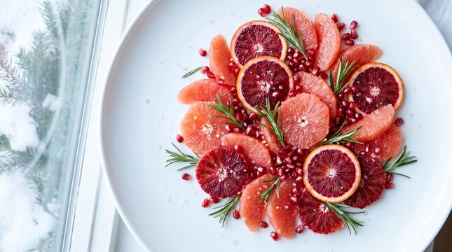 Overhead close-up of a vibrant winter citrus salad arranged on a large clean white ceramic platter, ruby blood orange rounds, pink grapefruit segments, pomegranate arils and fresh rosemary leaves