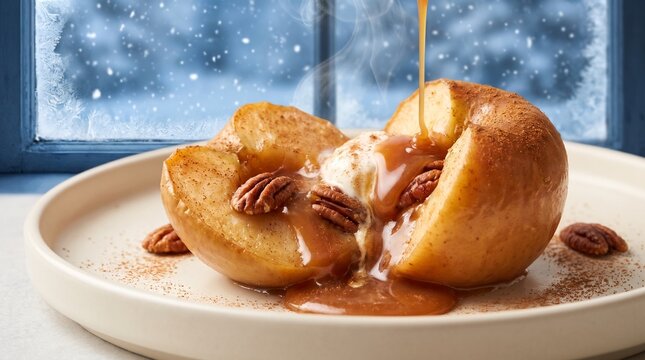 Baked apple filled with creamy ice cream, pecans, caramel sauce, and cinnamon on a ceramic plate beside a frosted window in a snowy winter dessert scene, close up food photography