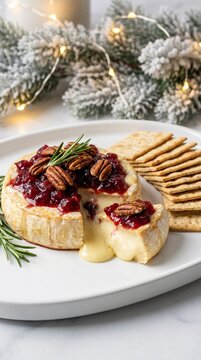 Baked brie cheese topped with cranberry sauce, pecans and rosemary beside crisp crackers, surrounded by frosted evergreen branches and glowing string lights in a festive holiday food setting