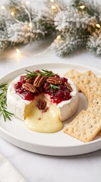 Baked soft cheese topped with cranberry sauce, pecans, rosemary, and melted cheese beside crisp crackers on a white plate with snowy evergreen branches and glowing string lights, festive holiday food