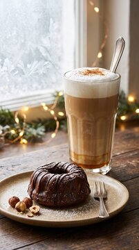 Layered creamy chai latte with silky foam with cinnamon beside a glossy chocolate hazelnut bundt cake on a ceramic plate, fork and hazelnuts arranged in a cozy winter interior, vertical photo