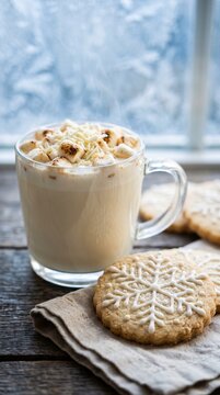 Warm creamy white hot chocolate topped with whipped cream and cinnamon beside iced snowflake cookies on a rustic cloth near a softly frosted window and wooden table, cozy winter still life