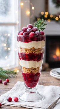 Layered berry dessert in a tall glass with creamy filling, biscuit crumbs, sugared cranberries and evergreen sprig on a rustic table beside a softly lit Christmas winter interior