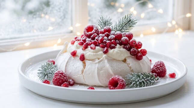 Pavlova dessert topped with whipped cream, frosted cranberries, raspberries, and evergreen sprigs on a white plate near a softly lit window, concept of winter bakery and holiday season
