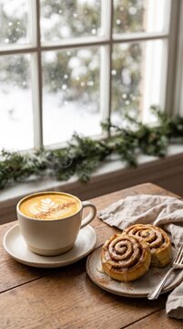 Warm cappuccino with latte art beside spiral pastries on a rustic wooden table, evergreen garland, folded linen, and snowy garden visible through a bright window in a cozy breakfast setting