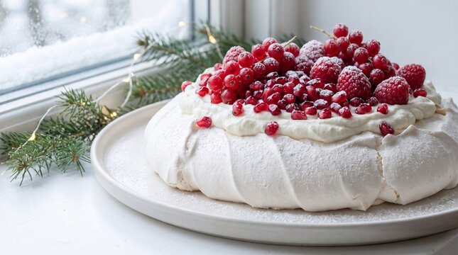 Berry topped pavlova with powdered sugar on a white plate beside evergreen branches and a snowy window, concept of winter bakery and holiday season