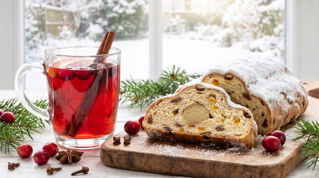 Sliced Christmas fruit filled stollen dusted with powdered sugar beside a glass mug of red spiced drink, cranberries, cinnamon, cloves, evergreen branches, and snowy window in a rustic still life