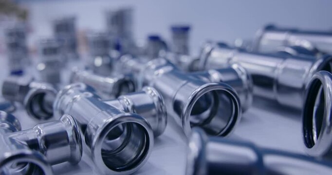 Slow motion close up of metal plumbing fittings scattered on workshop table with reflective chrome surfaces.