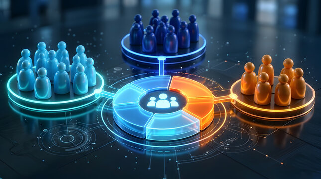 3D Render of Futuristic Pie Chart Connected to Groups of People Figures Symbolizing Customer Segmentation, Demographic Data Analytics, Market Research, Audience Profiling, and Business Statistics