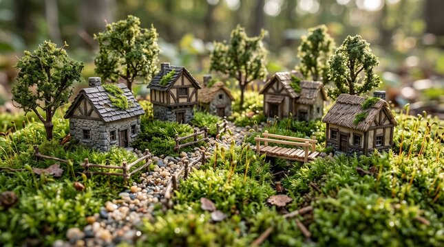 Miniature houses and small trees on green moss, tiny world, macro