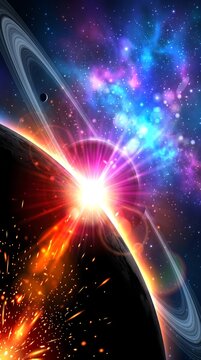 Space planet explosion with rings and bright light, 3D render illustration of cosmic galaxy nebula, vibrant blue and orange colors, abstract science fiction background, wallpaper, banner design.