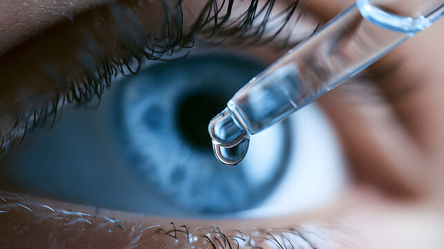 Nahaufnahme eines blauen Auges bei der Anwendung von medizinischen Augentropfen mit einer Pipette, Thema Ophthalmologie und Augengesundheit