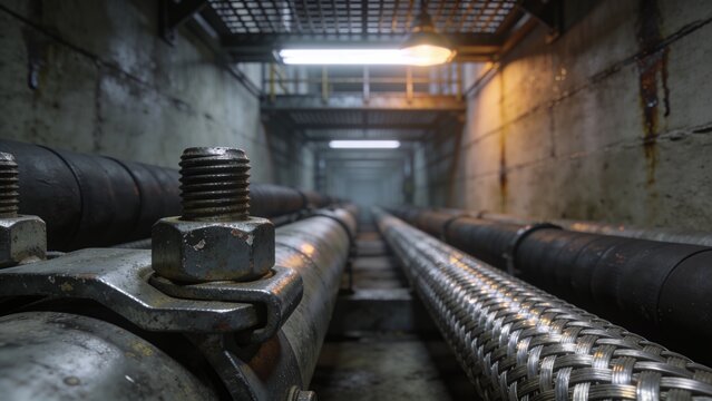 Large metal pipes lining concrete walls with threaded bolt and nut securing pipe clamp near walkway