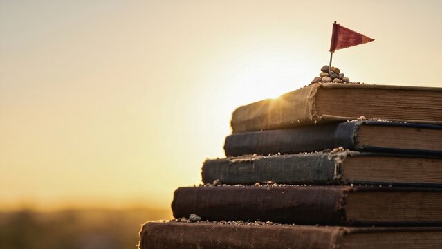 Red flag on top of stacked old books for illustrating academic achievement, reaching learning goals and value of knowledge and reading