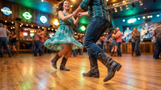 Cowboy couple dancing in a country western bar. Line dancing and live country music. Western dance, nightlife and social entertainment. Honky tonk culture and couple dancing