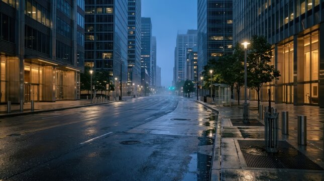 City street after rain with wet asphalt and tall modern buildings.