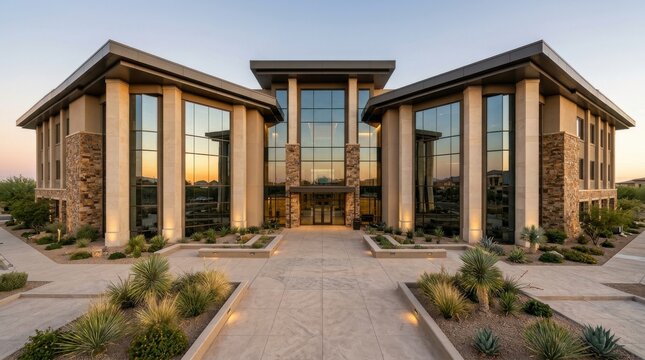 A grand modern office building with large glass windows and stone pillars under a clear sky.