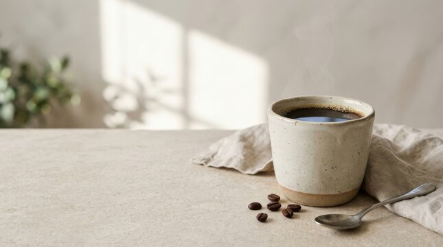 Ceramic mug with steaming black coffee placed on beige stone table for morning drink background.
