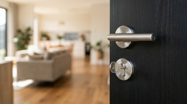 Modern dark wooden door handle and key in lock opening to bright blurred living room interior.