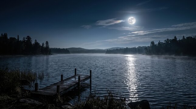 Full moon reflecting on calm lake water at night with wooden dock and forest silhouette.
