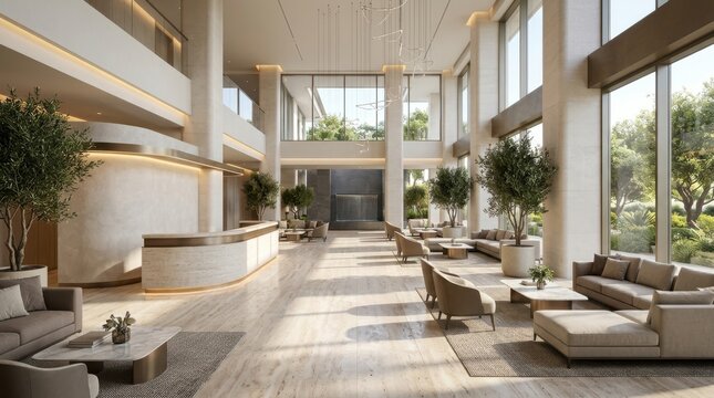 Modern hotel lobby interior with stone reception desk and lounge area for high-end hospitality design.