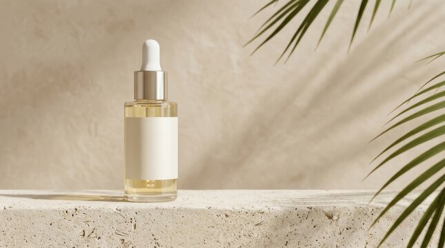 A clear glass dropper bottle containing golden liquid stands on a textured beige stone surface under palm shadows.