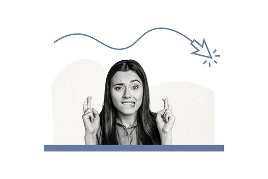 Composite trend artwork sketch collage of caricature young woman confused face nervous gesture pray want wish arrow down crisis decrease