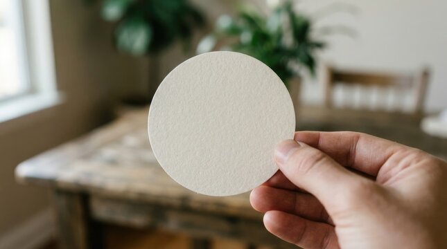 Blank white circular card held by human hand in bright sunlit home interior setting.