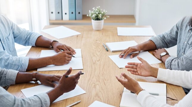 Diverse group of people collaborating around a wooden table during a business meeting, taking notes