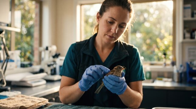 Wildlife rehabilitation specialist gently examines a small injured bird with blue gloves in a clinical rescue center, focusing on careful handling
