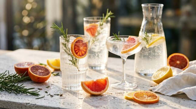 Sparkling citrus beverages with grapefruit, lemon and rosemary fill elegant glasses beside a clear carafe in bright natural light, in clear detail