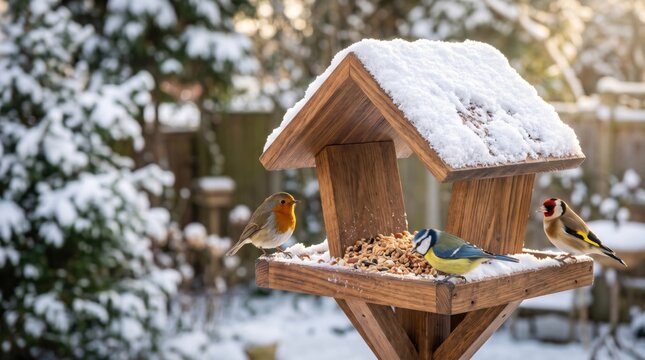 Robin, blue tit and goldfinch feed together at a snow covered wooden feeder in a quiet winter garden, illustrating seasonal wildlife support