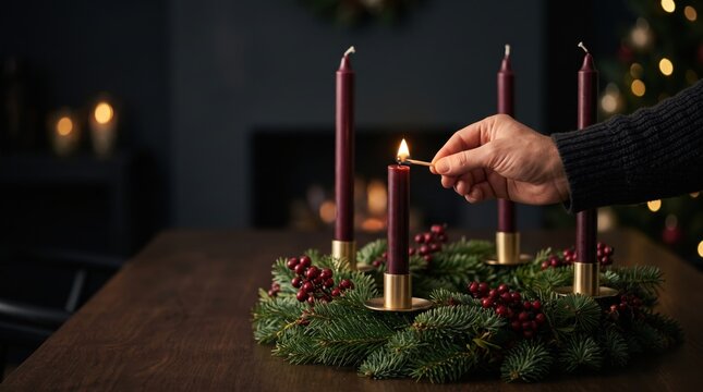 Adult hand lights one burgundy candle on an evergreen Advent wreath, marking a quiet seasonal tradition with berries and warm bokeh