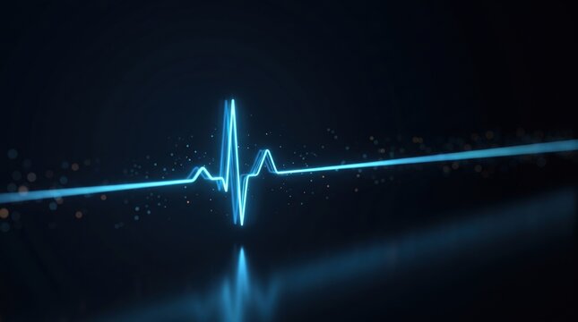 Electric blue pulse line glows across a black reflective surface, creating a minimal medical graphic for heart monitoring and digital health
