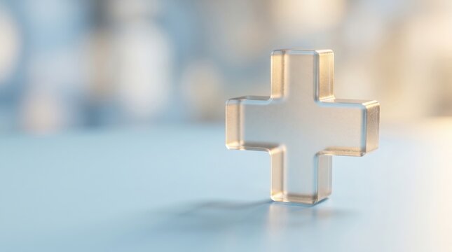 Transparent medical cross stands on a pale blue reflective surface with soft clinical bokeh, offering a minimal symbol of healthcare services