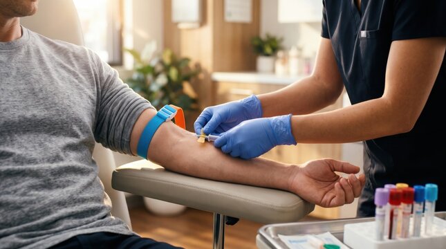 Clinician secures a needle and collection tube in an adult patient's forearm during a carefully prepared blood draw in a bright medical room