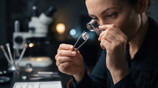 Female gemologist examines a loose clear gemstone with tweezers and a jeweler's loupe at a laboratory style appraisal workstation for valuation