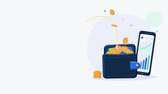 Gold coins falling into navy wallet with smartphone rising bar chart, flat vector animation, savings and finance growth concept, copy space left, seamless loop