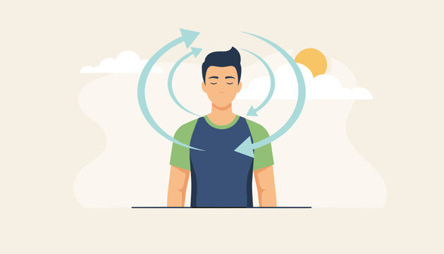 Calm young man practices mindful deep breathing exercises with circular arrows indicating airflow against a peaceful outdoor sky background.