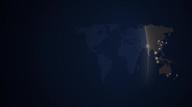 Midnight moving over a small dotted world map with copy space on left