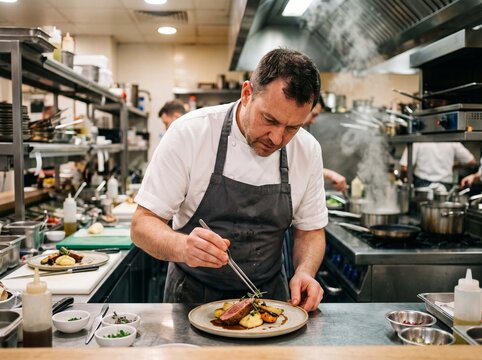 Professional Chef Meticulously Garnishing a Gourmet Dish in a Busy Restaurant Kitchen