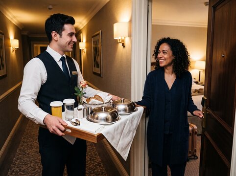 Hotel staff member delivering room service to a smiling guest in a hallway