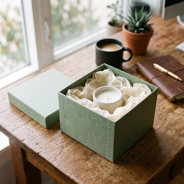 Aesthetic gift box with a white candle and crinkled paper on a rustic wooden desk