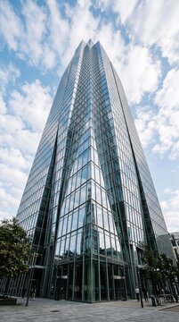 Modern Glass Skyscraper Reflecting Clouds and Blue Sky with Trees and Pedestrians