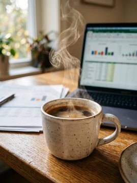 Steaming cup of coffee on a desk next to a laptop displaying financial charts and papers